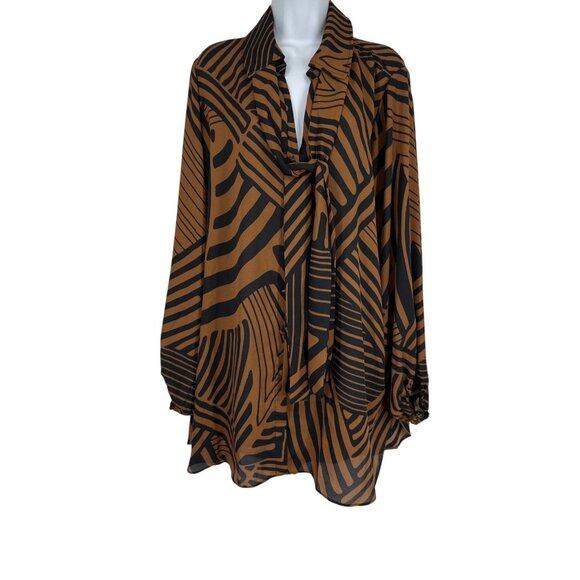 Dennis By Dennis Basso Zebra Print Button-Up Blouse With Tie Neck Detail Size 1X - Picture 3 of 10